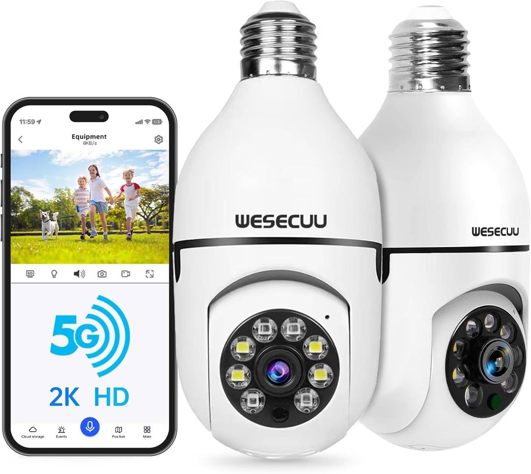 WESECUU Light Bulb Security Camera -5G& 2.4GHz WiFi 2K Security Cameras Wireless Outdoor Motion Detection and Alarm,Two-Way Talk,Color Night Vision,Human Detection, Bulb Camera Compatible with Alexa  2K/2-Pack, White