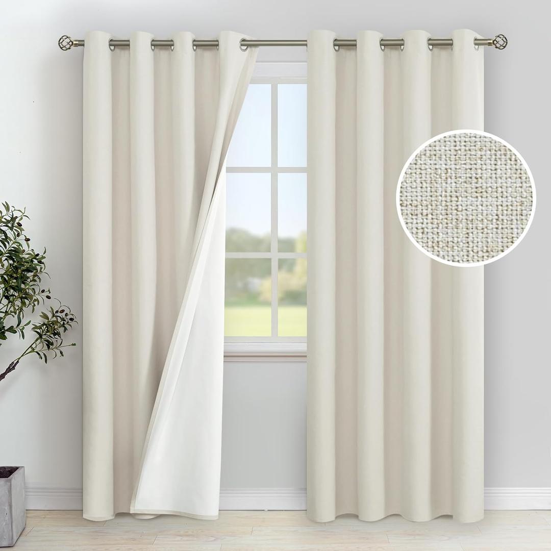 YoungsTex Linen 100% Blackout Curtains for Bedroom 80 Inches Long, Grommet Thermal Insulated Drapes Full Room Darkening with White Liner for Living Room, 2 Panels, 52 X 80 Inch
