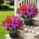Artificial Flowers for Outdoors, 2 Set Fake Potted Flowers 12 Bundles UV Resistant Realistic Silk Faux Impatiens with Pot for Outside Balcony Garden Window Box