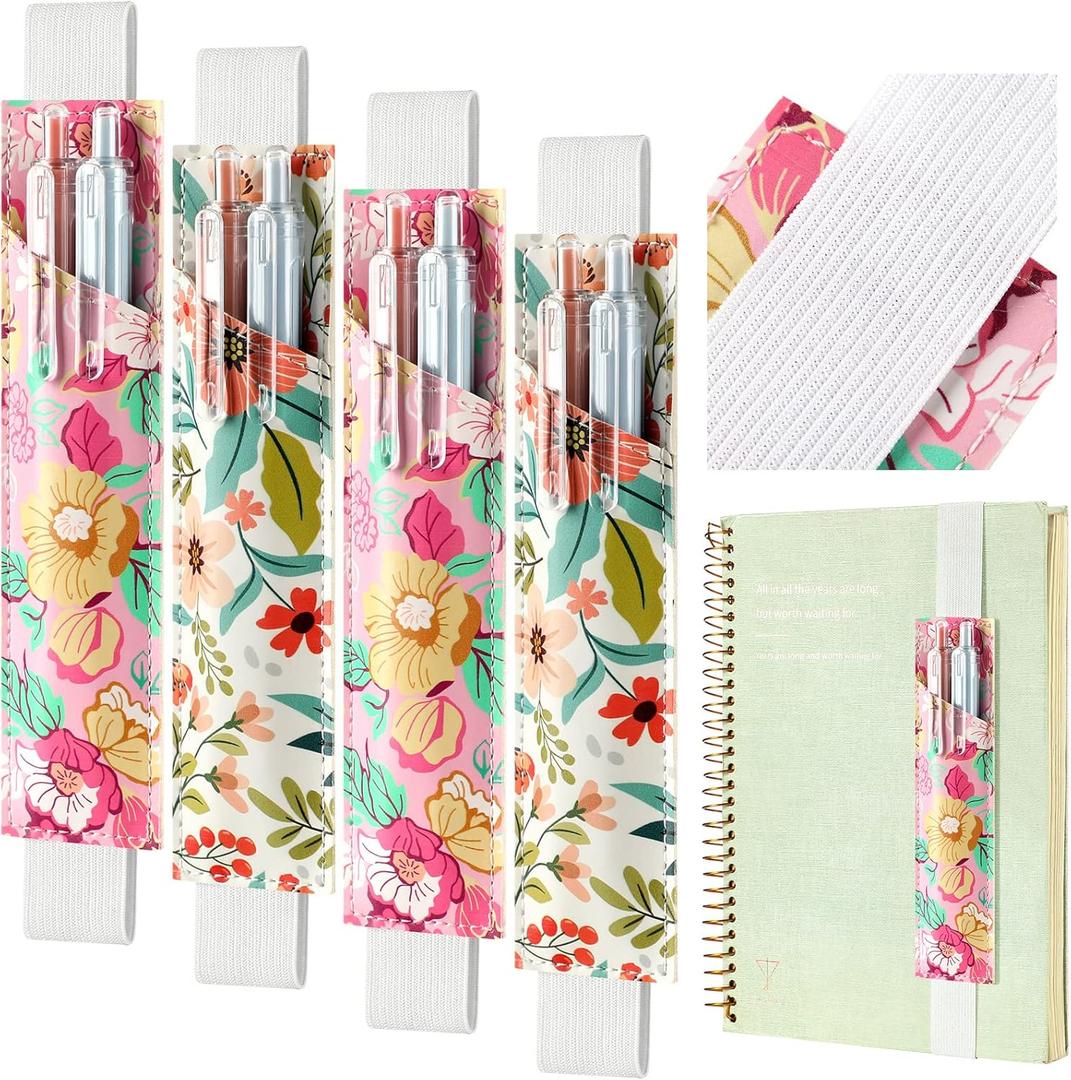 Crtiin 4 Pieces Adjustable Elastic Band Pen Holder, Pencil Holder, Pen Sleeve Pouch for Hardcover Journals, Notebooks for Back to School Gift, PU Leather 8 x 1.5 Inch(Floral)