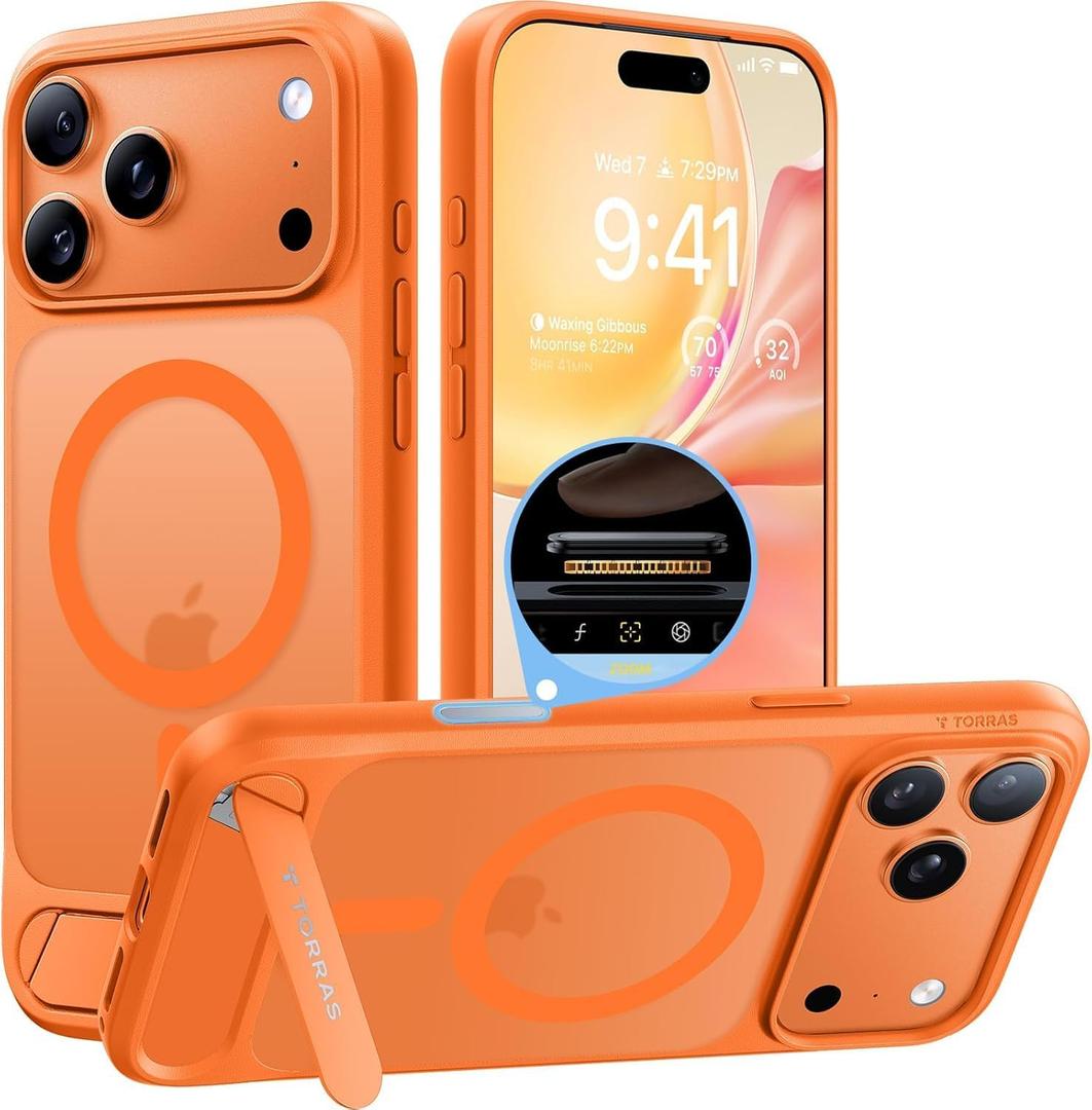 TORRAS Strong Magnetic & Seamless Stand for iPhone 17 Pro Case, Fit for MagSafe, Militray Grade Protection, Built-in Kickstand, Camera Control, Translucent Slim 17 Pro Cover Ostand, Neon Orange