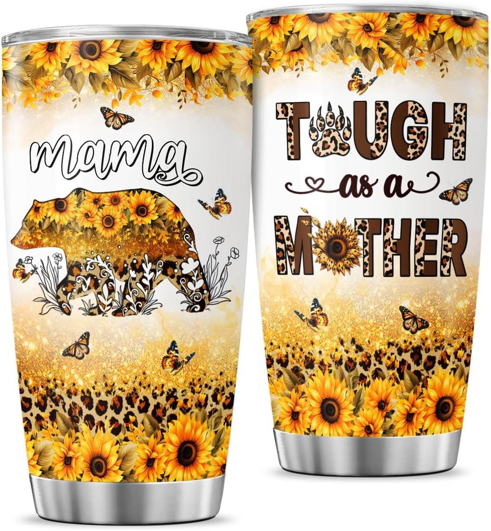 For Mothers Day Women Mother Mom Funny Coffee Leopard Print Cups Insulated Tumblers Cheetah Handle, Mama Bear Gifts, Mama Bear Sunflower, Tumbler 20 Oz With Lid And Straw