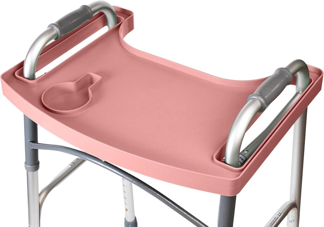 Sigo Pink Walker Tray for Rolling Folding Walker, Tray Table with Cup Holder for Standard Walkers Seniors, Detachable Non Slip TV Accessories Basket Holding Plate Cups Clip On Small Bag Carrier (Pink)