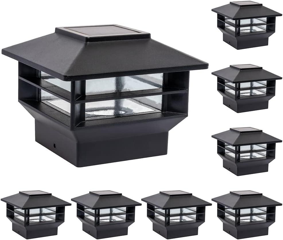 GreenLighting Superior Two Tier Solar Post Cap Lights Fits 4x4 Wood, 4x4, 5x5 PCV/Vinyl Outdoor Solar Powered Post Cap Light, Fence Post, Landscaping, Deck, Garden- Bright LED, Waterproof Black 8 Pack