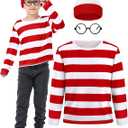 3 Pieces Kids Halloween Costume Set, Boys Costume Red and White Striped Shirt Beanie Hat Glasses for Cosplay Party (5-7 Years)