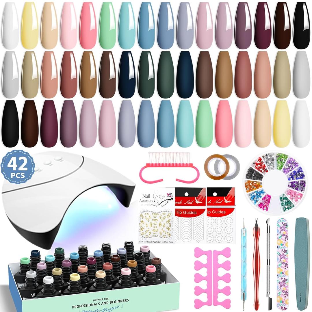 VANREESA 24 Colors Gel Nail Polish Kit with U V Light 42 Pcs Gel Polish Nail Kit Glossy & Matte Top Coat Complete Nail Kit with Manicure Tools Gifts for Women (Natural & Elegant Collection)