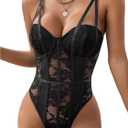 Milumia Women's Floral Lace Mesh Corset Bodysuit Sexy See Through Spaghetti Strap Tops