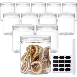 16 OZ Plastic Jars with Lids, 12 Pack Clear Plastic Slime Containers for Kitchen and Household Food Storage of Dry Goods, Creams and More, Included Extra Label and A Pen
