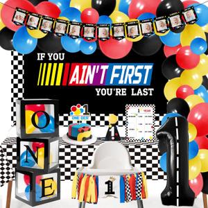 Fast One Birthday Decorations for Boys - 1st Race Car Theme Party Supplies for Baby Shower Decoration Include Birthday Hat Cake Topper Backdrop Tablecloth Photo Banner Arch Balloon Boxes Poster