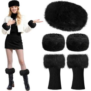 MAKCNMYM 5 Pieces Black Faux Fur Headband with Stretch Furry Leg Warmers and Fur Wrist Cuffs for Womens Winter Costumes Accessories (Black, Average)