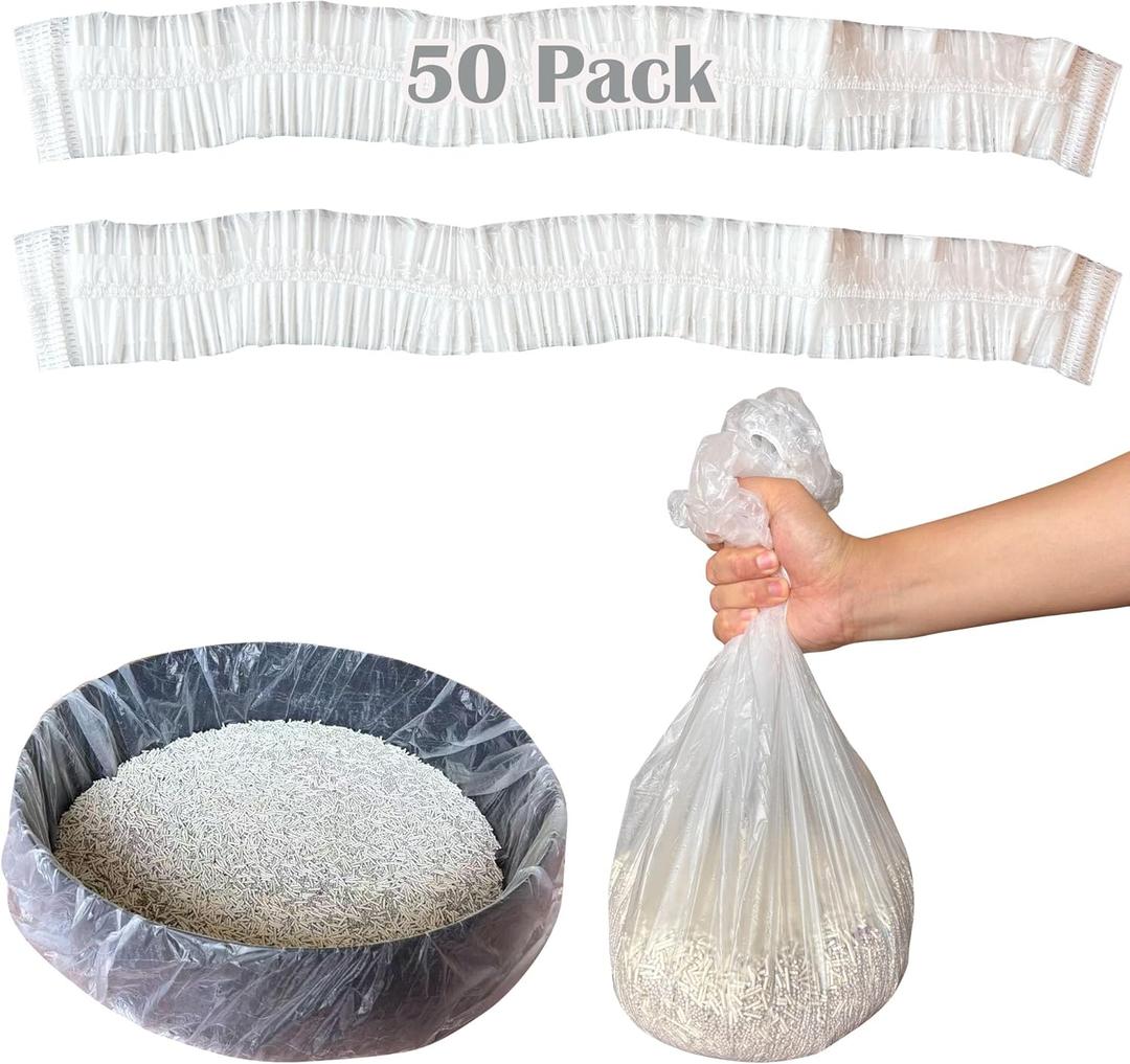 50 Pack Litter Box Liners Compatible with Hooded Litter Box Cat, Elastic Band Trash Bags for Disposal of Cat Waste, Waterproof and Leak Proof (Clear)