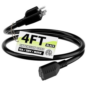 16/3 Black Indoor Outdoor Extension Cord 4 Ft Waterproof, Extension Cord with 3 Prong Grounded Plug,13A 1625W 16AWG SJTW, Flexible Weatherproof Power Cable