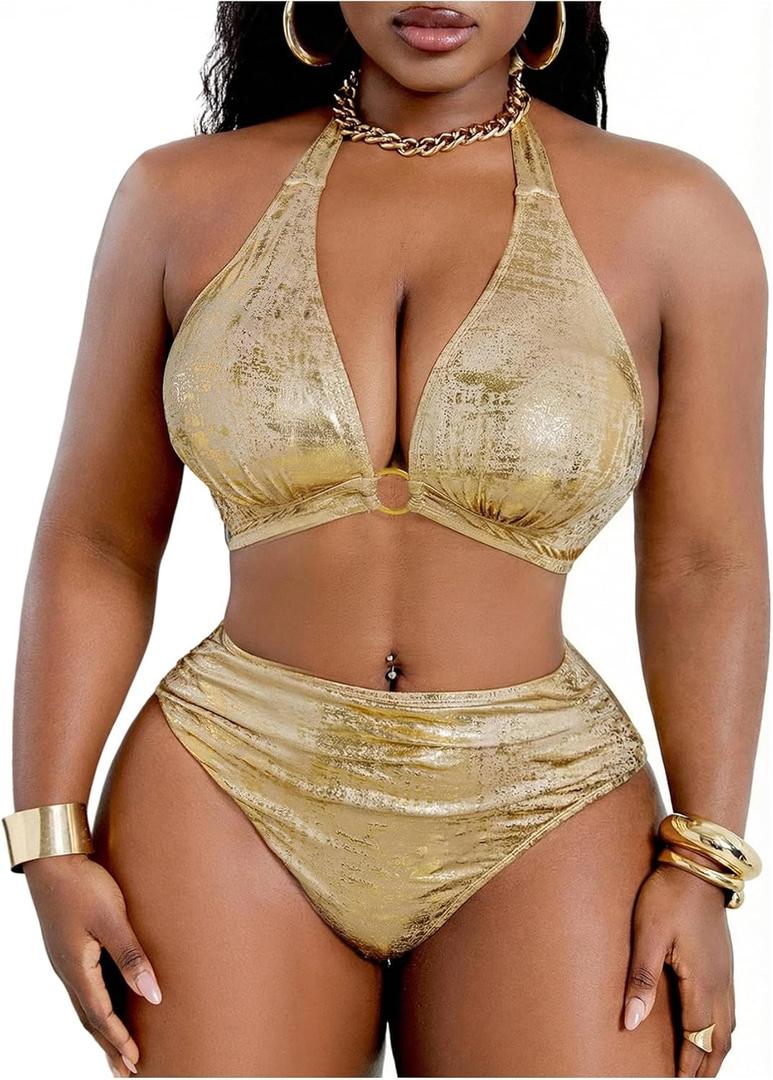 OYOANGLE Women's Plus Size Metallic Swimsuits Ring Linked High Waisted Bikini Set Halter Bathing Suits (Gold, XXL)