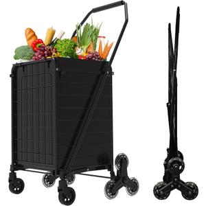 JIALIJIU Folding Stair Climber Cart - Waterproof Bag Included, 10-min Assembly Lightweight Utility Wagon with 360 Swivel Wheels for Grocery, Camping, Apartments, Laundry, Max Load 140 lbs, Black