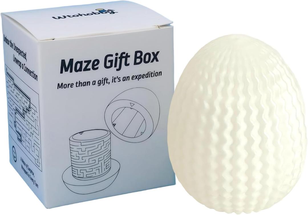 Mystery Egg Maze Puzzle Box - Reusable 3D Printed Brain Teaser with Hidden Compartment for Cash & Treasures, for Birthday, Christmas, Halloween and Easter for Kids & Adults (White/Luminous Blue)