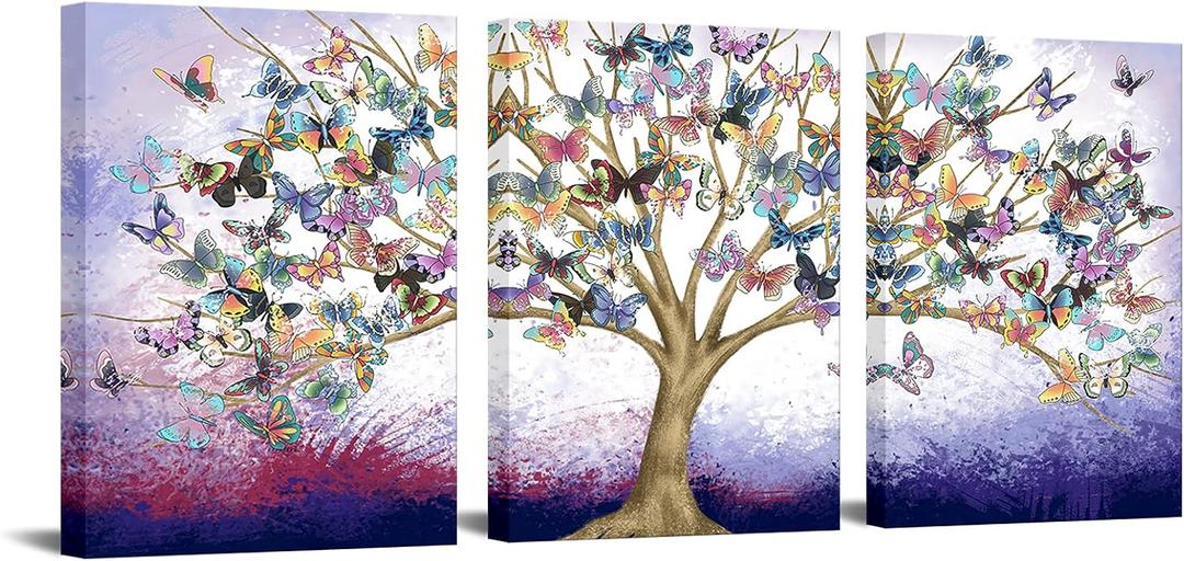 FuShvre Butterfly Wall Art Tree of Life Canvas Paintings Prints Purple Framed Picture for Dining Room Bedroom Bathroom Decor 12"x16"x3pcs