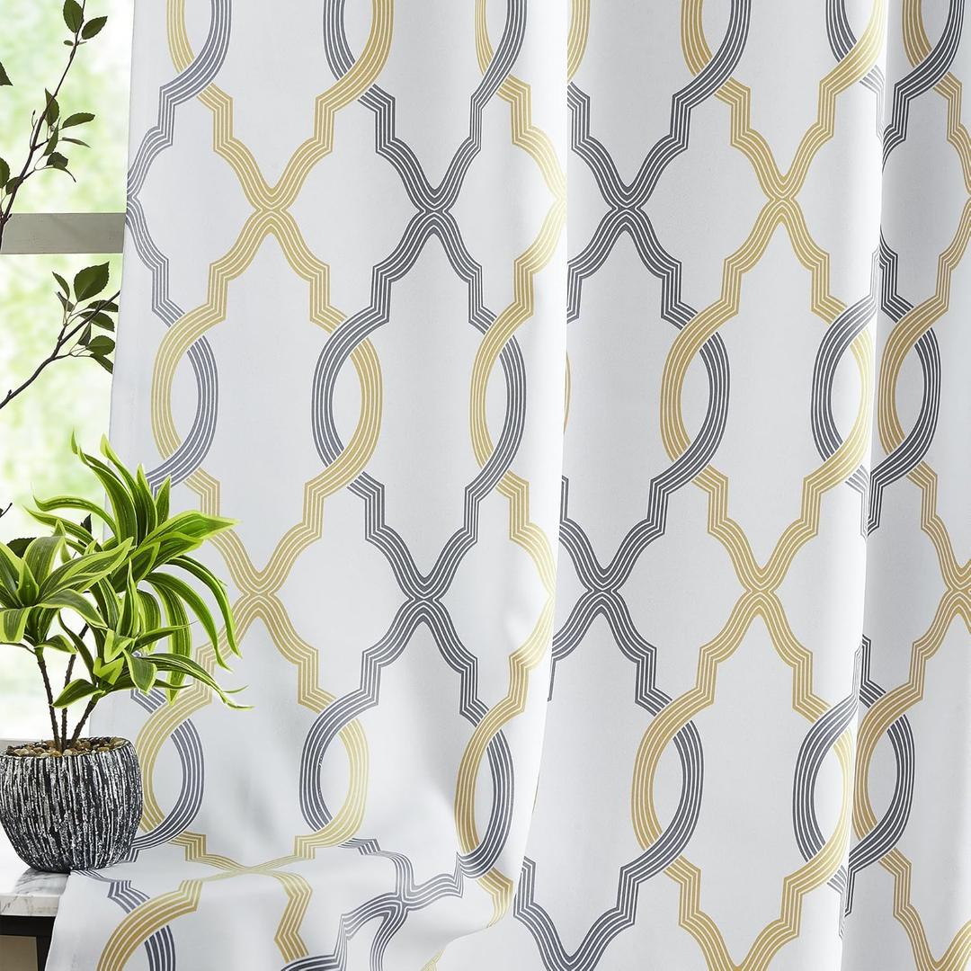 100% Blackout Curtains 84 Inches Long for Bedroom, Yellow Grey on White Moroccan Geometric Patterned Window Curtain for Living Room, Farmhouse Thermal Insulated Drapes Grommet Top 2 Panels