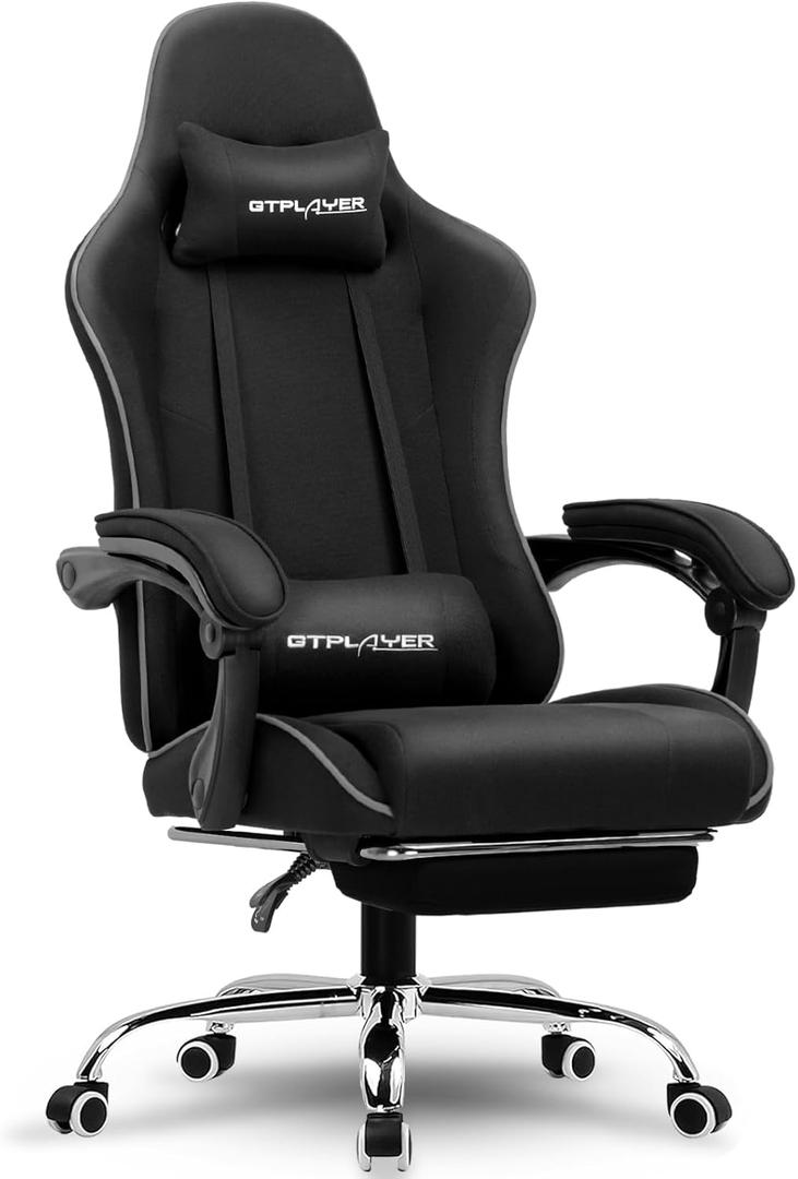 GTPLAYER Gaming Chair, Computer Chair with Footrest and Lumbar Support, Height Adjustable Game Chair with 360-Swivel Seat and Headrest and for Office or Gaming (Faux Leather, Black)