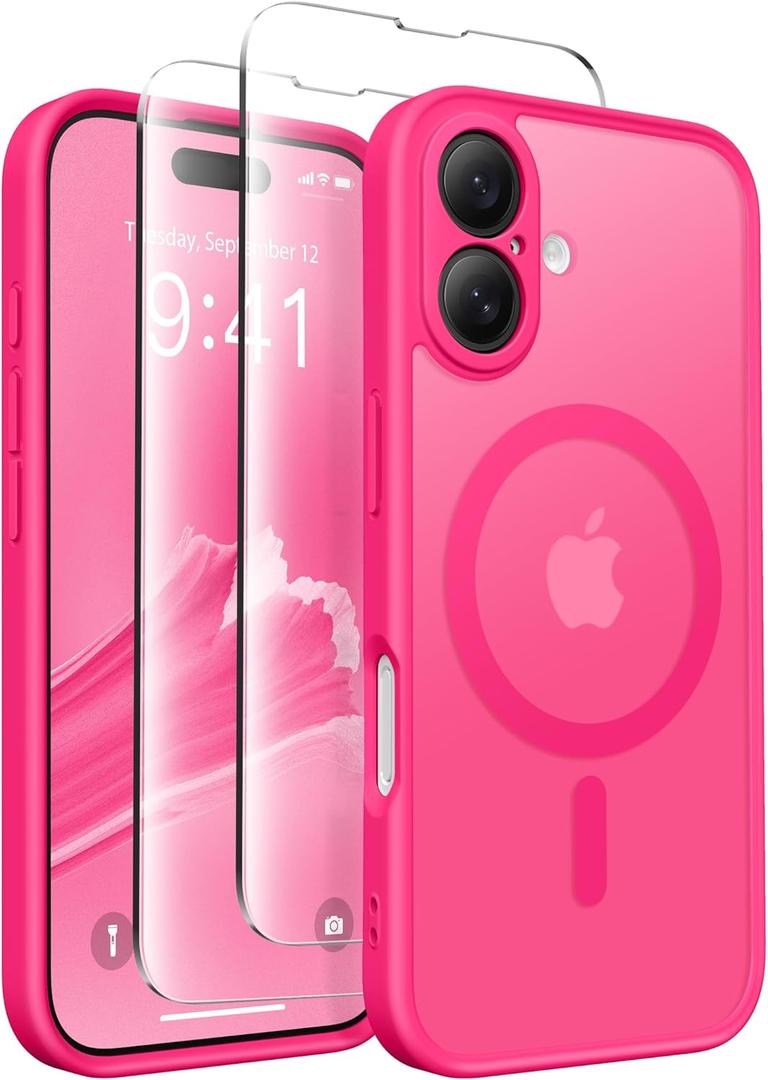 CAPRARO Magnetic Compatible with iPhone 16 Case, Upgraded [Full Camera Protection] [Compatible with MagSafe] Protective Translucent Matte Women Girl Phone Case Cover, Hot Pink