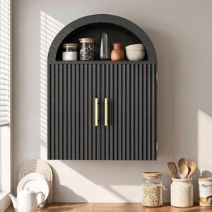 Kalrin Arched Wall Cabinet, Large Wood Bathroom Cabinet Wall Mounted Cupboard, Modern Floating Storage Cabinet with Door Adjustable Shelf, Wood Organizer Black, 23.6"W x 31.5"H x 7.8"D