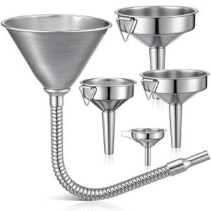 Blulu Set of 5 Stainless Steel Flexible Oil Funnels for Automotive Use Bendable Spout Funnel for Cars Boat Canning Diesel Fuel Other Liquids, with Hose and Filter