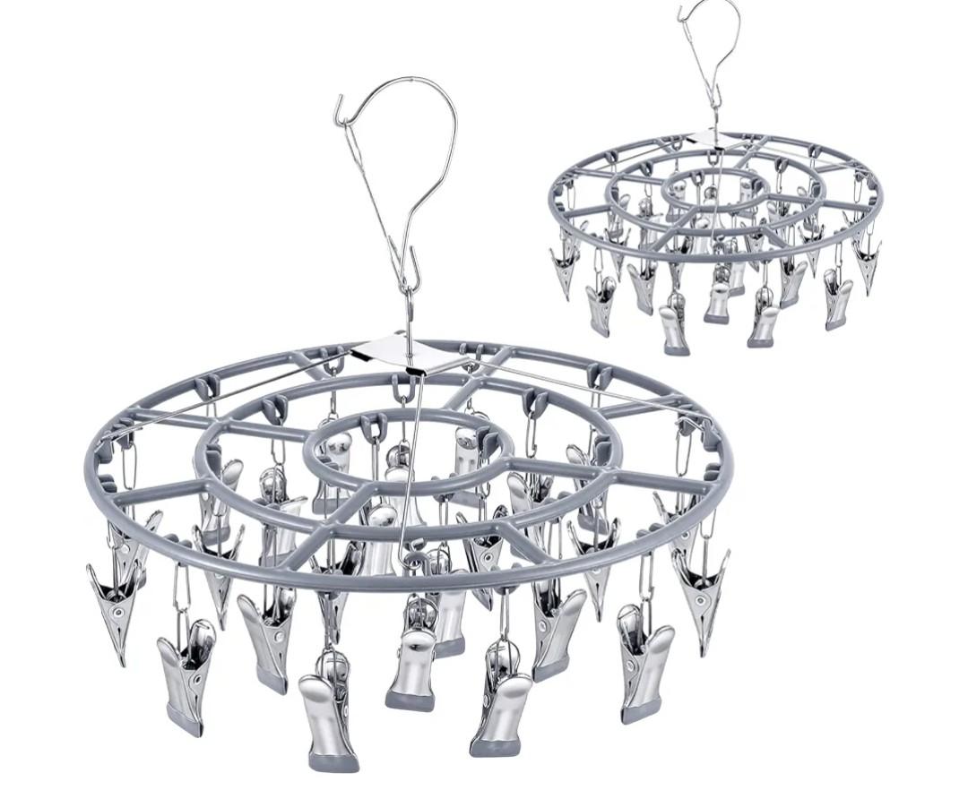 2 Pack Clothes Drying Rack with 24 Clips, Stainless Steel Clothes Drying Hanger, Swivel Windproof Round Dry Rack, Heavy Duty Underwear Hanger for Indoor Outdoor Wet and Dry (Grey)