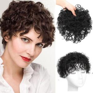 Breathable Permanent Tight Curly Human Hair Topper With Bangs - Seamless Fluffy Short Clip-in Pieces for Women With Thinning Hair, Cover Grey, Add Volume (Black, Short)