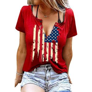 American Flag Shirt Tops Womens 4th of July T-Shirts Ring Hole Short Sleeve Sexy V-Neck Patriotic Tees (Medium, Red1)