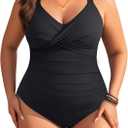 Aqua Eve Plus Size One Piece Swimsuit - Women's Tummy Control Bathing Suit Retro Full Coverage Swimwear 2025 (Black)