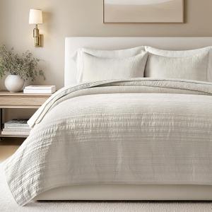 EVERGRACEHOME 100% Cotton Modern Lines Quilt Set Queen Size, Pre-Washed Soft Striped Coverlet Bedspread, 3 Piece Lightweight Bedding Set for All Season, with 2 Pillow Shams, Birch