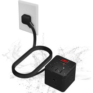 IPX4 Waterproof Cube Power Strip with USB, Flat Plug Ultra Thin Extension Cord 6 FT, 3 AC Outlets 3 USB-A Ports,1500W Wall Mountable Outlet Extender for Indoor Outdoor Cruise Camping Christmas, ETL
