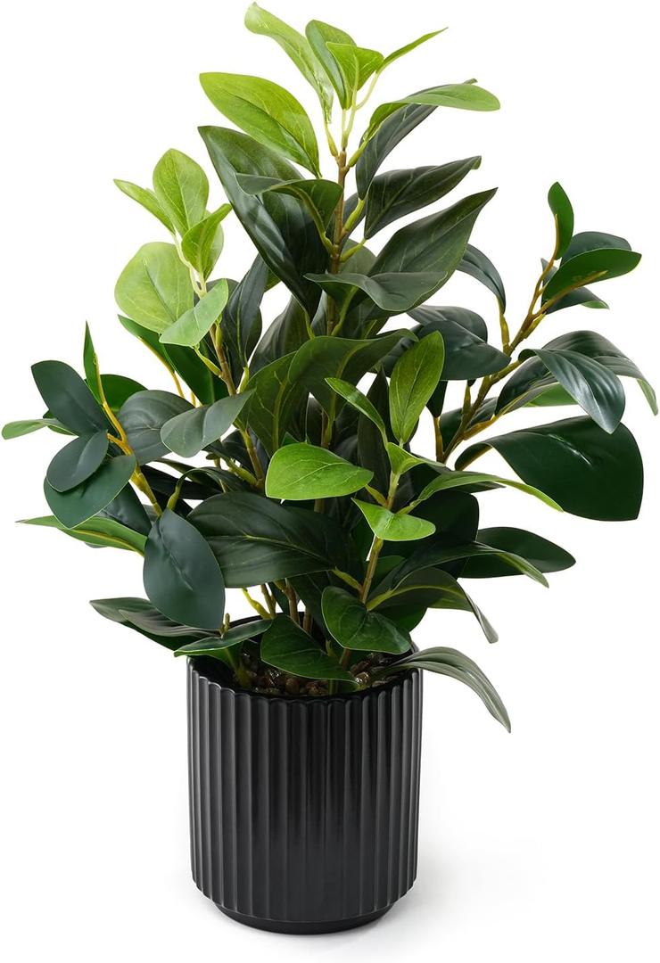 16 inch Artificial Plants Indoor Realistic Touching Evergreen Leaf Fake Plant with Creamic Black Pot for Home Office Living Room Bathroom Office Table Bookshelf Decor