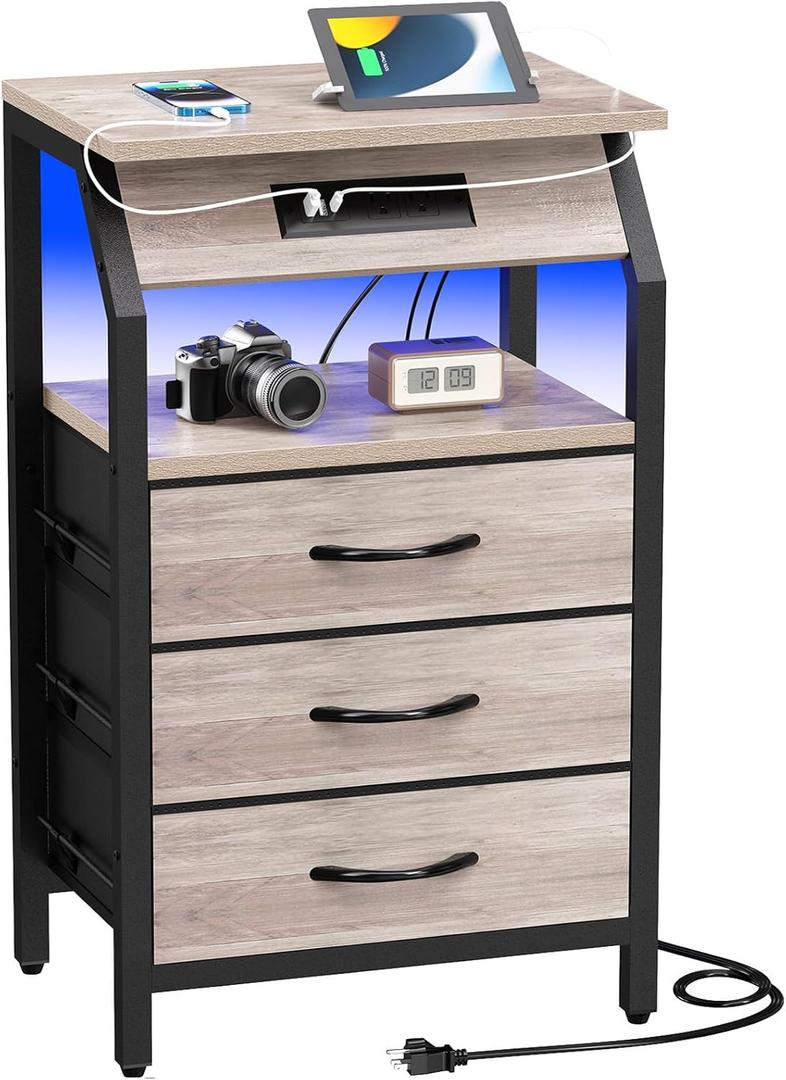 SZLHANJZ End Table with 3 Drawers, Night Stand with Charger Station and LED Lights, Small Nightstand with Fabric Storage, Farmhouse Side Table for Bedside, Living Room, Dorm, Greige