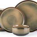 TheTerra Ceramic Dinnerware Sets for 6, 18 Pieces Handmade Reactive Glaze Plates and Bowls Set, Scratch Resistant Dish Set, Oven & Microwave & Dishwasher Safe, Coca Mocha