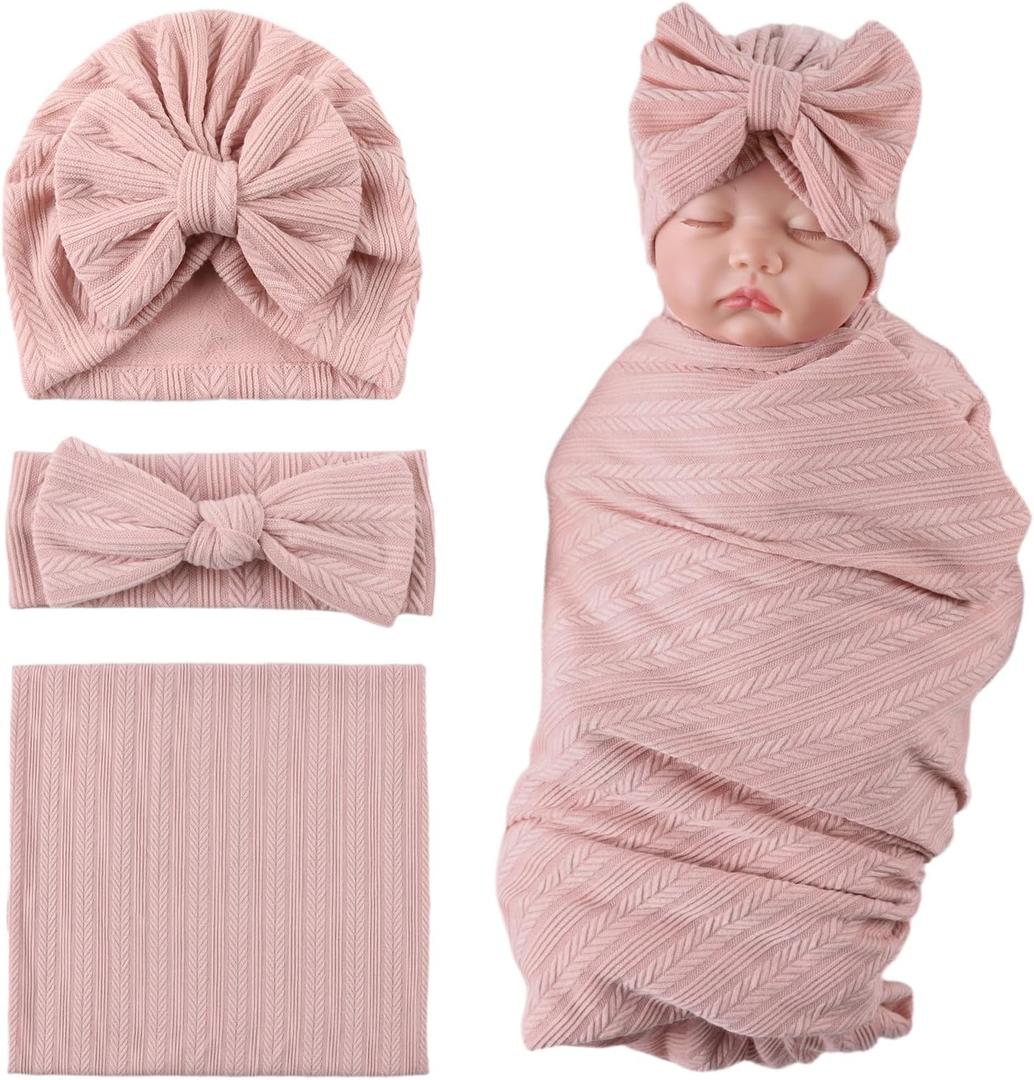 OMUKY Newborn Receiving Blanket Bow Headband and Beanie Set Baby Swaddle Receiving Blankets Baby Boy Girls Nursery Swaddle Wrap(Pink)