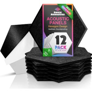 Sonic Acoustics Self-Adhesive 12 Pack Hexagon Acoustic Panels, 14" X 12" X 0.4" High Density Sound Absorbing Panels Sound Proof Insulation Beveled Edge Studio Treatment Tiles-Black