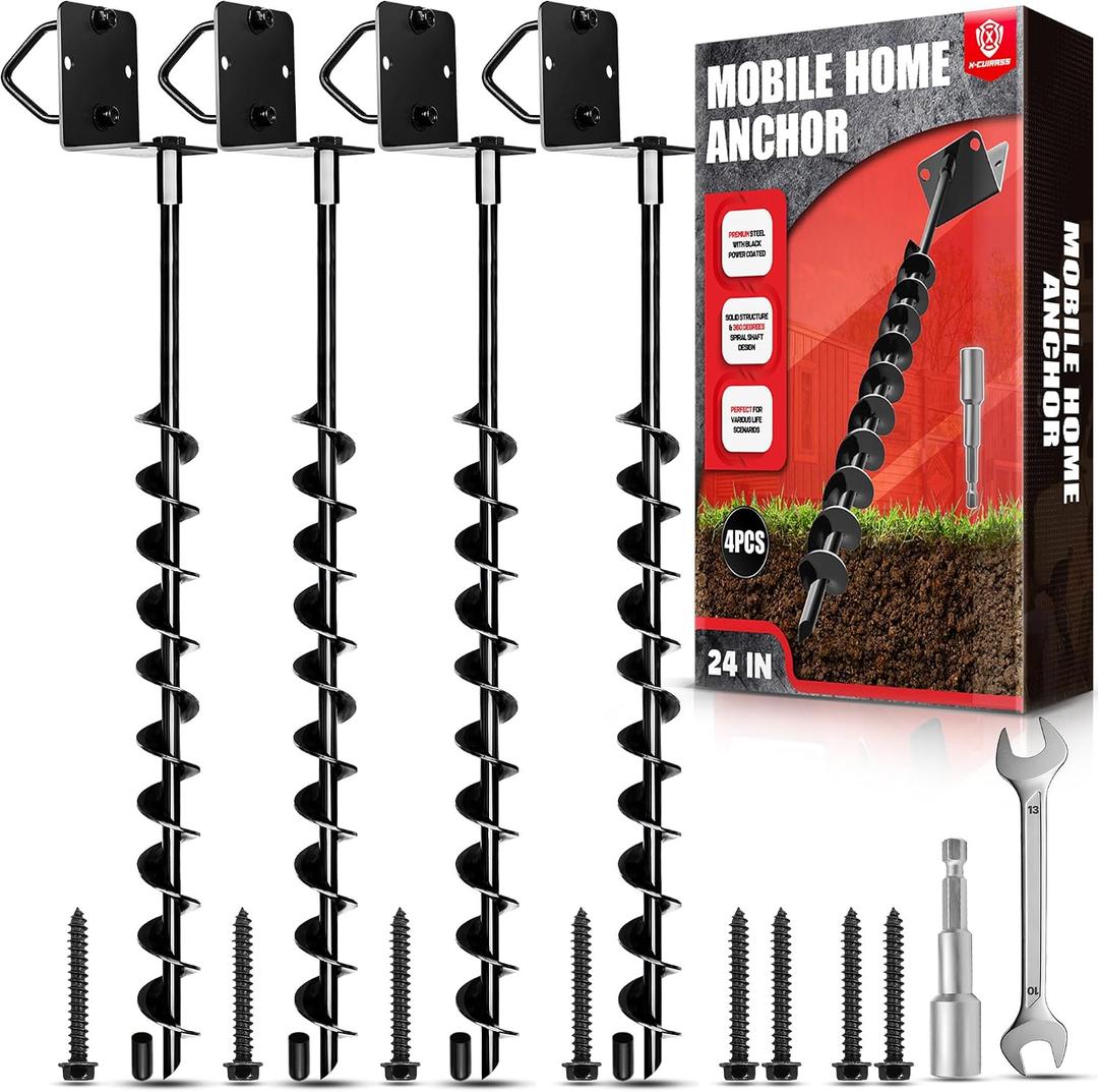 [Premium] 24" Full Spiral Blade Mobile Home Anchor, 4 Pack Ground Anchor Screw in with L-shaped Brackets, U-bolts, Power Nut Driver,Earth Anchors High Wind Heavy Duty for Camping Tents, Swing Sets
