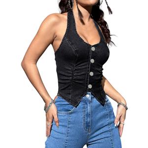 OYOANGLE Women's Button Front Denim Jacket Vest Sleeveless Vintage Halter Jean Crop Tank Top (Medium, Black)