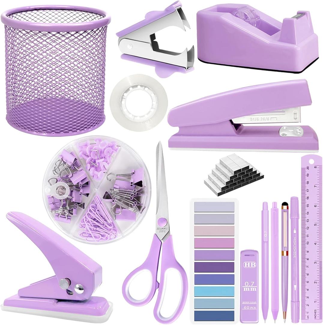 16Pcs Purple Desk Accessories- Purple Office Supplies with Stapler, Tape Dispenser, Pen Holder, Staple Remover, Hole Punch, Paper Clips, Pens, Cute Desk Set for Office Home School Women Students Gift