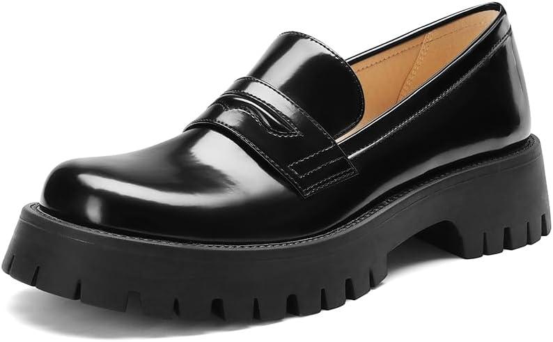 Women‘s Chunky Penny Loafers, Platform Lug Sole Slip On Business Casual Shoes, Patent Leather Comfortable Work Dressy Ladies Loafers