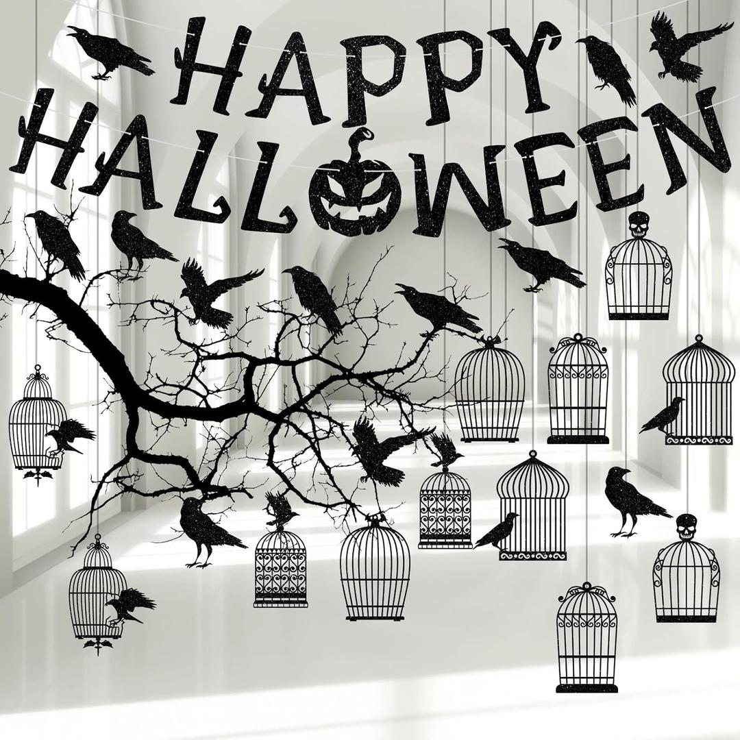 BBTO 38 Pcs Glitter Black Crow Cage Decorations for Gothic Halloween Tree Hanging Decorations Happy Halloween Banner Raven Bird and Cage Garland Centerpiece Backdrop for Horror Theme Party Supplies
