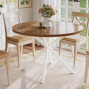 ChooChoo 47.2 Inch Round Dining Table for 4, Farmhouse Wood Kitchen Table, Circle Dinner Table for Kitchen & Dining Room, Walnut&White