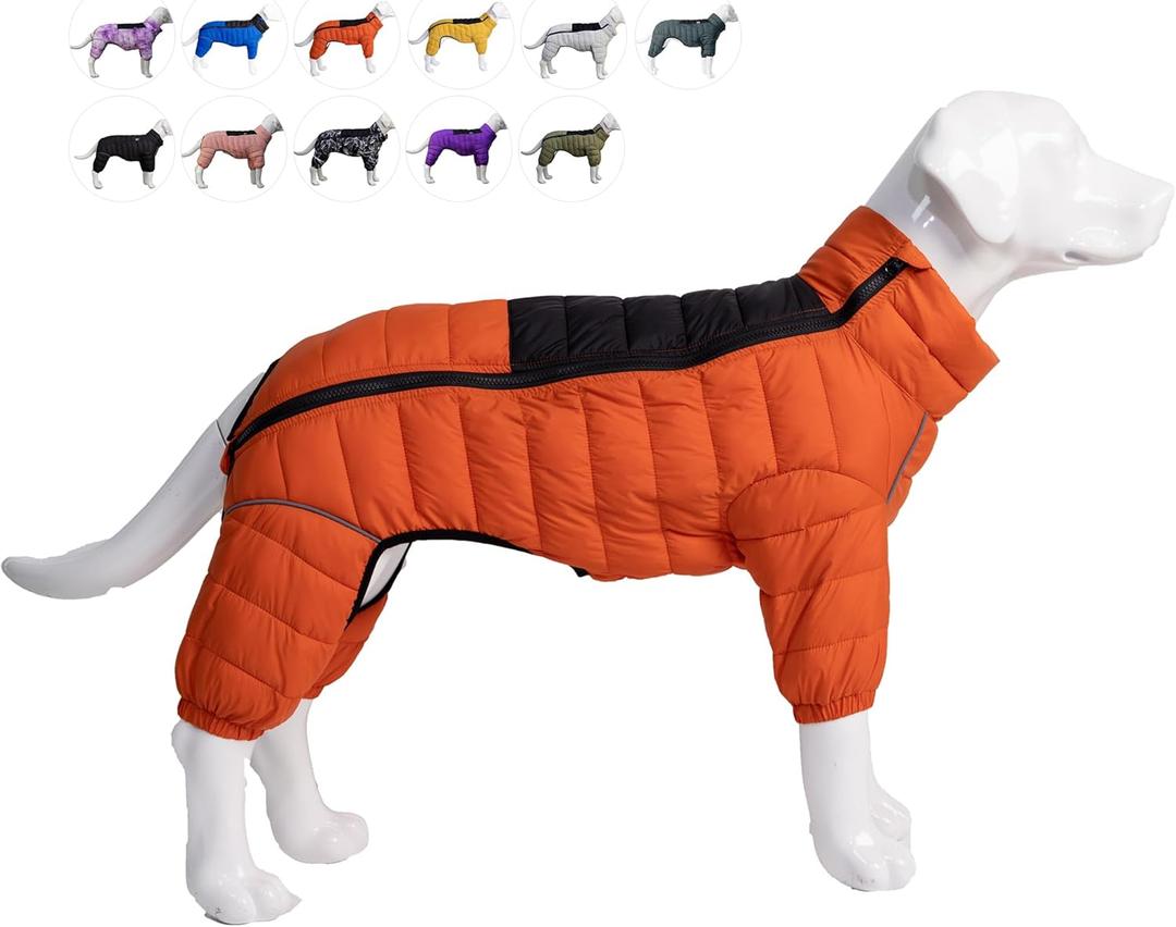 Lovelonglong Warm Jacket - 4 Legs Covered Waterproof Windproof Reflective Vest, Zippered Adjustable Outdoor Snow Jacket for Small Medium Large Dogs, Orange XL (XL (16.5inch Back))