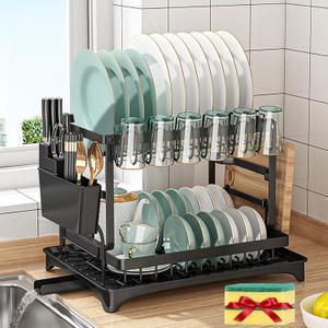 Dish Drying Rack, 2 Tier Large Dish Drying Rack for Kitchen Counter with Drainboard Stainless Steel Dish Drainer for Dish/Knifes/Cup/Cutting Board, Black (14.6"D x 11"W x 12.5"H)