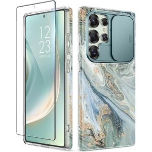 GVIEWIN for Samsung Galaxy S25 Ultra Case with Slide Camera Cover, [Screen Protector] [Shockproof Military Grade Drop Protection] Marble Slim Fit Hard PC Phone Cover S25 Ultra 6.9" 2025 (Ocean Tide)