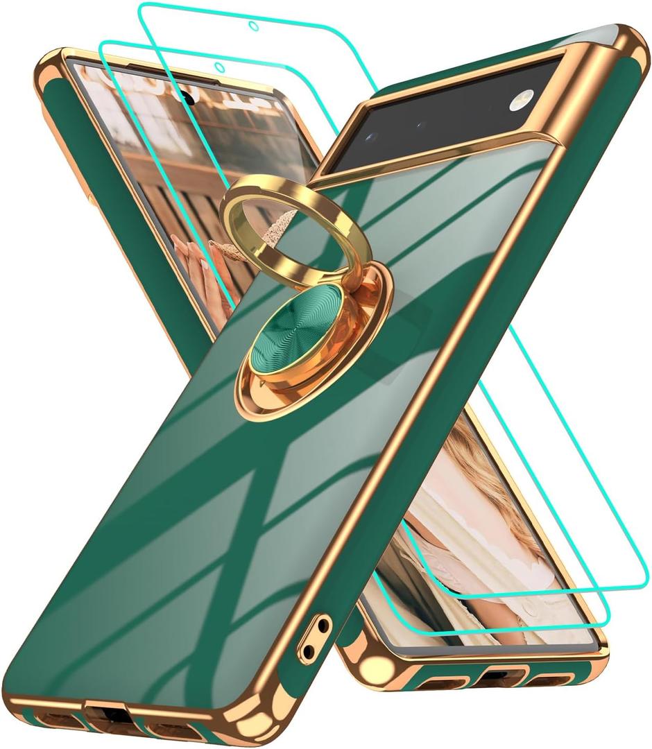 Gritup for Google Pixel 6 Phone Case: 2Pcs Screen Protector, 360 Rotation Ring Holder Magnetic Kickstand, Plating Gold Edge Soft TPU Shockproof Protective Cover for Pixel 6 Phone Green