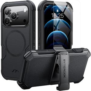Byterock For iPhone 17 Pro Case 6.3" with Belt Clip Holster,Compatible with MagSafe,Anti-Drop,Shockproof,Heavy Duty Protection,w/Screen Protector,with 360Rotating Kickstand,Black