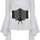 Halloween Women Renaissance Blouse Tops with Corset Waist Belt Medieval Victorian Off Shoulder Top Pirate Costume (Large, White)