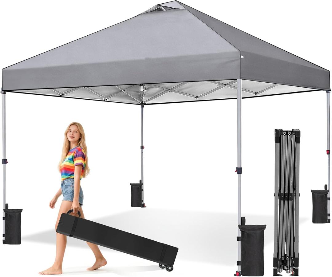 OLIXIS 10x10ft Pop Up Canopy Tent, Heavy Duty 1-Person One Push Setup, Portable Outdoor Shelter for Beach, Events, Camping Includes Rolling Carry Bag, Grey (Gray)