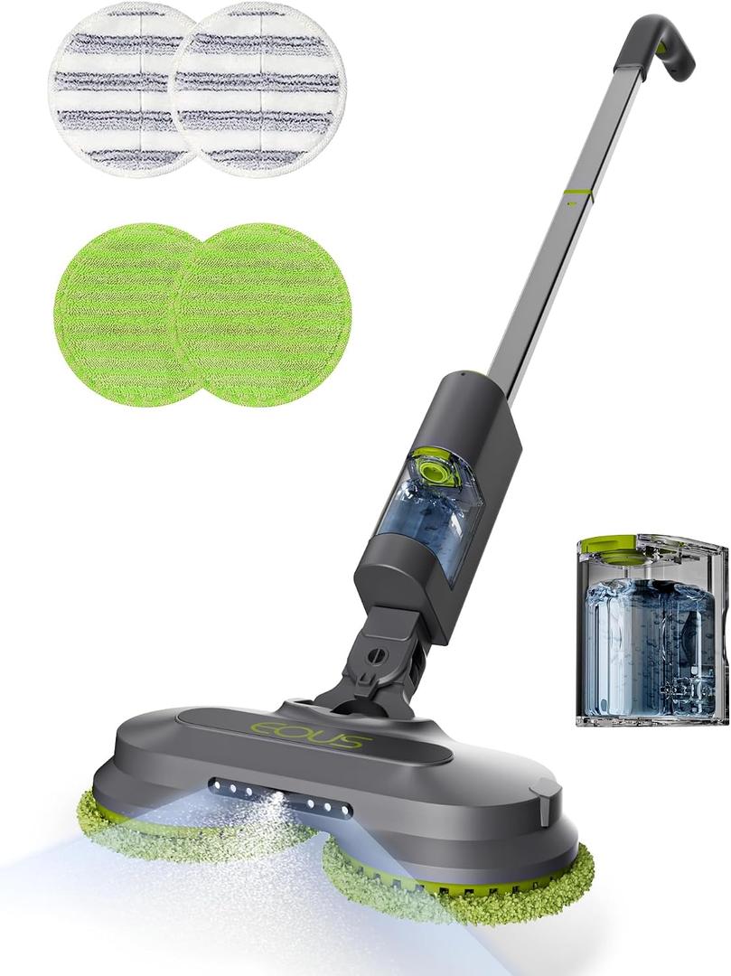 eous Cordless Electric Mop, Electric Spin Mop with Detachable Water Tank | Lightweight Electric Floor Mop for Hardwood Tile Laminate Floor, LED Headlights, Self-Propelled, Long-Lasting Battery